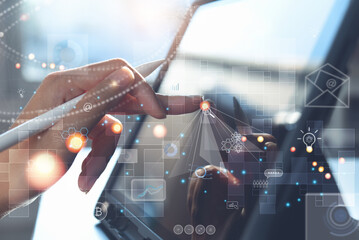 Business woman using digital tablet computer, touching on screen with innovation graph interface, analyzing marketing report