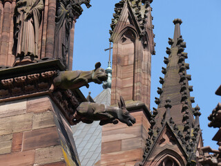 Gotischer Wasserspeier als Esel und Katze am Münster zu Straßburg (Elsass, Frankreich)