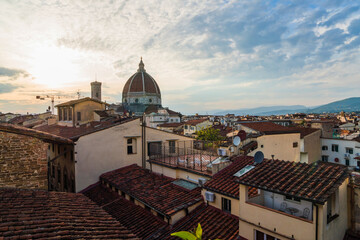 view of Florence, Italy and cathedral from a window with flowers 