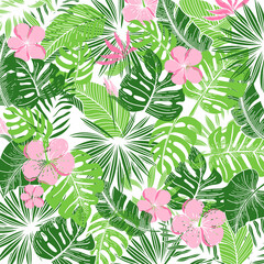 Seamless pattern of abstract tropical elements hand-drawn in sketch style. Bright strelitia flowers, palm leaves and foliage. Tropics. Summer. Strelicia. © Happy_KrisMax
