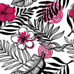 Seamless pattern of abstract tropical elements hand-drawn in sketch style. Monochrome with red spots. Bright strelitia flowers, palm leaves and foliage. Tropics. Summer. Strelicia. Isolated vector.