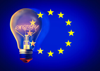 A light bulb with the inscription "energy" on the EU flag.