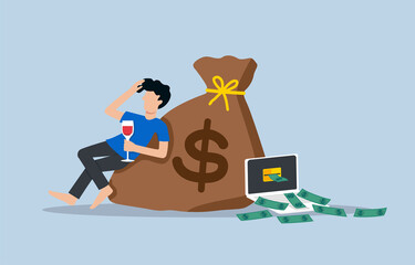 Success in online business or electronic commerce, passive income concept. Relaxed young man sipping wine and leaning against money bag while many banknotes coming out of laptop screen.