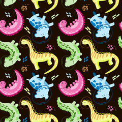 Seamless drawing of cute multicolored dinosaur astronauts on white background. Vector in cartoon style. Astronaut dinosaurs with planets, comets and stars around on a dark background.