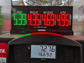Gas pump meter at Gas Station showing increased gas prices as a result of inflation and to a lesser extent the Russian invasion of Ukraine