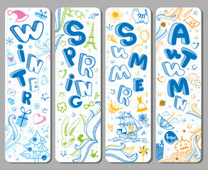 Four lovely vertical seasonal doodle banners with cute hand drawn text in vector for stickers, prints, bookmarks and different childish accessories. Winter, Spring, Summer, Autumn. Calendar greeting