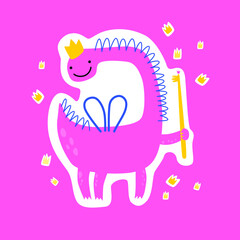 Cute cartoon lady dinosaur with toothbrush, crown, wings. Painting with crowns in the form of spots. Cute baby illustration in flat style. Stickers, merch, advertising sticker for brushing teeth.