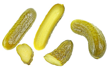 Delicious marinated pickled cucumbers isolated on a white background, top view. Pickled cucumbers and slices.