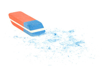 Close up of eraser and eraser scrap isolated on a white background. Rubber eraser for ink pen and pencil.