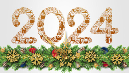 2024 Happy New Year in golden design, Holiday greeting card design.