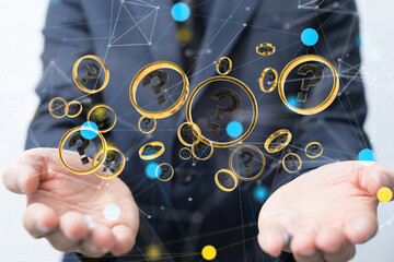 Businessman solving problem with digital question marks 3D rendering
