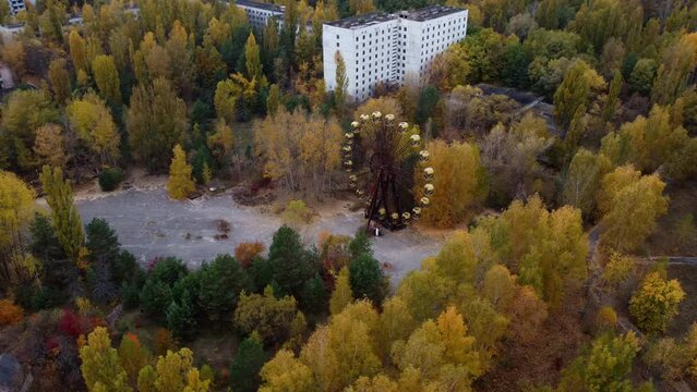 Drone view of the old Ferris wheel in Pripyat.