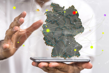 a virtual germany land map digital in hand 3d.