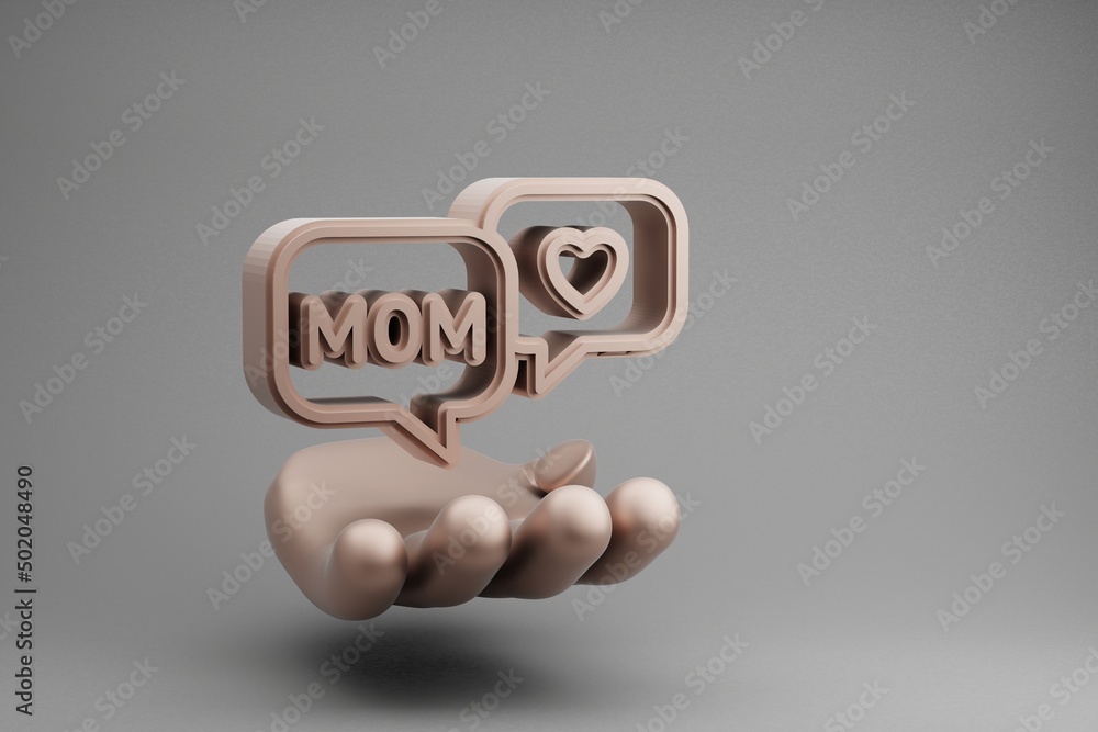 Poster beautiful abstract illustrations golden hand holding message with word mom and heart symbol icon on 