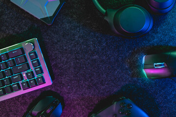 gamer work space concept, top view a gaming gear.