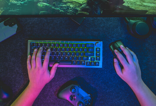 gamer work space concept, top view a gaming gear.