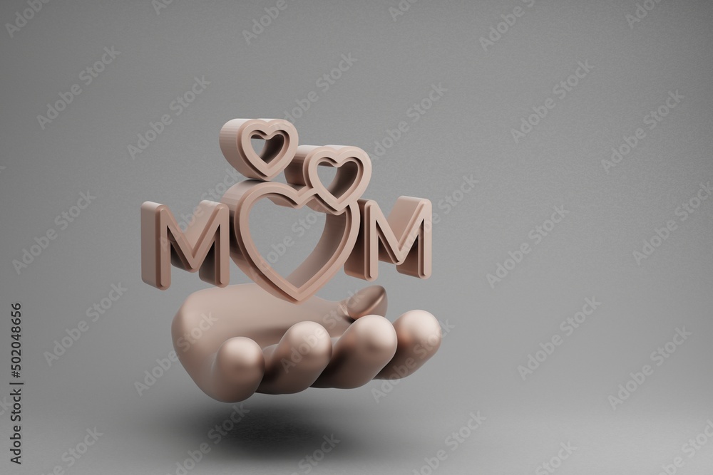 Aufkleber beautiful abstract illustrations golden hand holding word mom with heart symbol icon on a gray backg