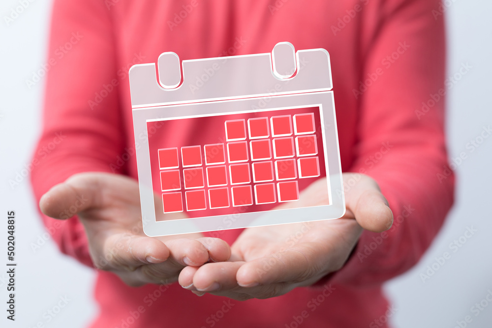 Poster minimal calendar icon with hand isolate on soft pink background. paper calendar icons. calendar date