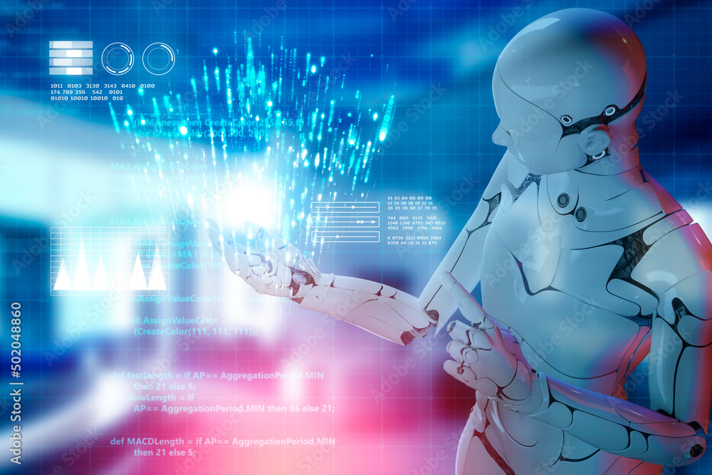 Poster future industrial rpa robotic process automation technology, metaphorical software robots ai artific