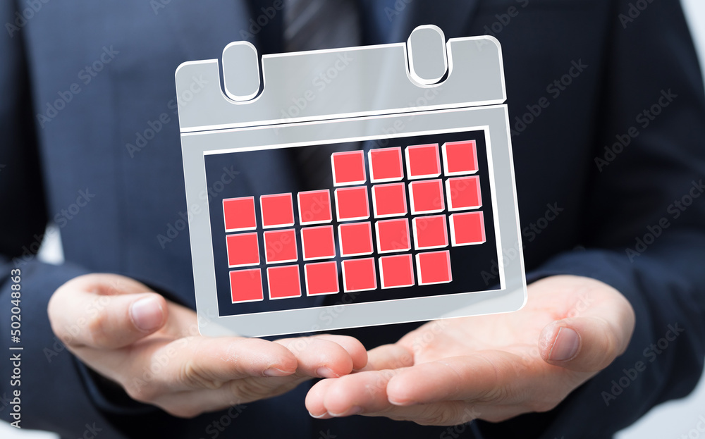 Poster minimal calendar icon with hand isolate on soft pink background. paper calendar icons. calendar date
