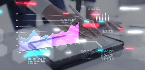 Finance forecast graph chart data, financial planning marketing, business man working on stock exchange crypto blockchain data analytics trading investment. Online meeting webinar business consult 