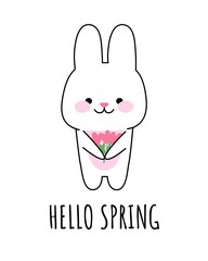 Happy bunny with flowers. The inscription hello spring. Vector kawaii illustration for prints, postcards, banners, templates.