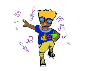 Hip hop black man dancing with redio speaker isolated on white background