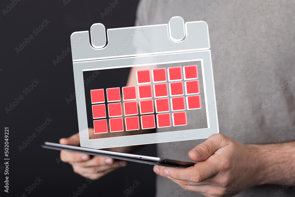 Poster Minimal calendar icon with hand isolate on soft pink background. Paper calendar icons. Calendar date  3d