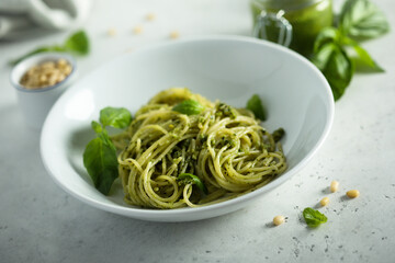 Traditional spaghetti with pesto sauce