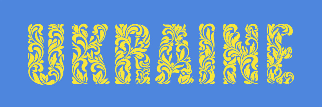 Word Ukraine. Yellow Decorative Letters Made In Swirls And Floral Elements On Blue Background