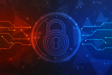 Digital Padlock on abstract technology background, Technology security concept. Modern safety digital background. Protection system, Cyber Security and safety information, personal data concept