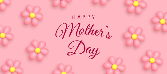 Greeting card for Happy Mother's Day. Cute 3d flowers on a pink background.