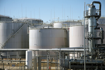 Petrochemical oil terminal close-up on sunny day