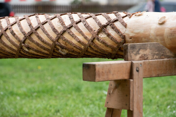Close-up and detail shot of the trunk of a maypole lying crosswise on supports. The maypole, a German tradition, is groomed and prepared for erection.