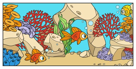 Cartoon sea fishes on the background of the seabed with stones, anemones and algae color variation for coloring page on a white background
