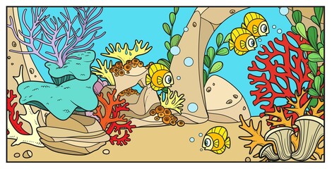 Flock of small fish on the background of the seabed with stones, anemones and algae color variation for coloring page