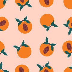 Orange peach with green leaf and bone hand drawn vector illustration. Tropical juicy fruit seamless pattern.