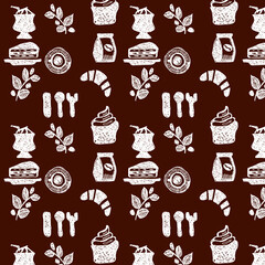 Illustration for a coffee shop. Coffee, cup, sweets on a dark background. The pattern can be used for napkins or for coffee shop design elements.