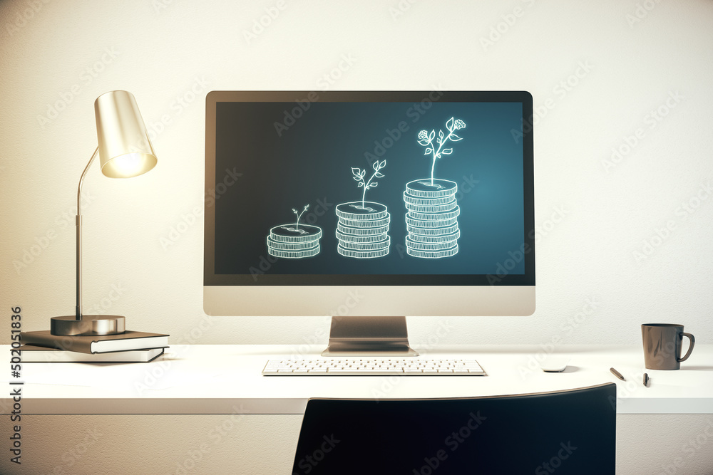 Poster modern computer monitor with cash savings hologram. development and achievement of goals concept. 3d
