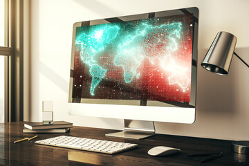 Modern computer screen with abstract creative digital world map, research and analytics concept. 3D Rendering