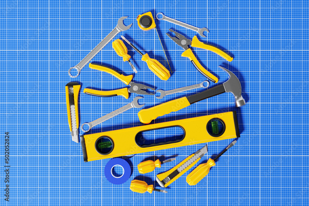 Wall mural 3d illustration of a hand tool for repair and construction: level, screwdriver, hammer, pliers, tape