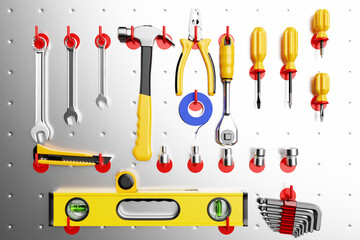 Fototapeta na wymiar Construction tools. Hand tool for home repair and construction. wrench, cutter, electrical tape, ratchet, pliers, level hang in place on the shelf. 3D illustration