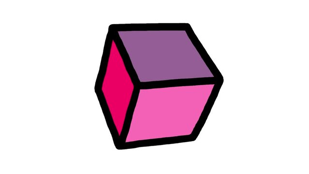 Cube cartoon 3d color with linear doodle black outline animation rotation isolated. Fully hand drawn. 24 fps new version. Seamless loop alpha channel included. Motion design element.