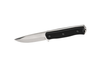 Modern hunting knife with silver blade and rubber handle. Steel arms. Isolate on a white back