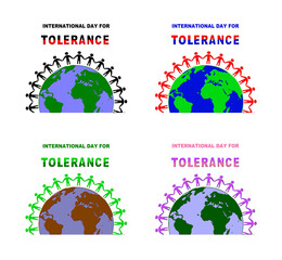 A set of 4 - 3D rendered illustrations of a cut off globe with people holding hands for the  "International Day for Tolerance" poster isolated on a white background