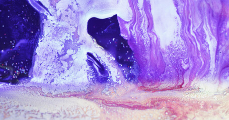 Floating paint. Acrylic ink mix. Fantasy waterfall. Defocused neon purple blue pink white color...