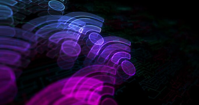 Wifi mobile communication and wireless network technology hologram symbol appears on a electronic circuit background. Cyber and computer icon abstract concept 3d seamless and loop animation.