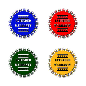 A set of 4 - 3D rendered illustrations of seals with cars around the circumference, two stets of 5 stars and text "Extended Warranty" isolated on a white background.