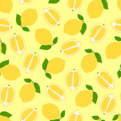 Bright seamless fruit pattern - hand drawn design. Repeatable yellow background with lemons. Vibrant summer endless print. Vector illustration
