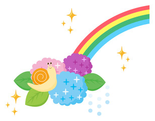 かたつむりと紫陽花　虹　でんでん虫　イラスト
